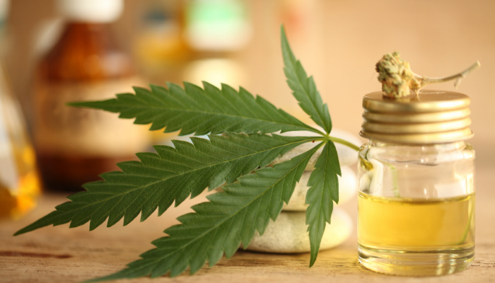 CBD Oil in a bottle with hemp leaf on side