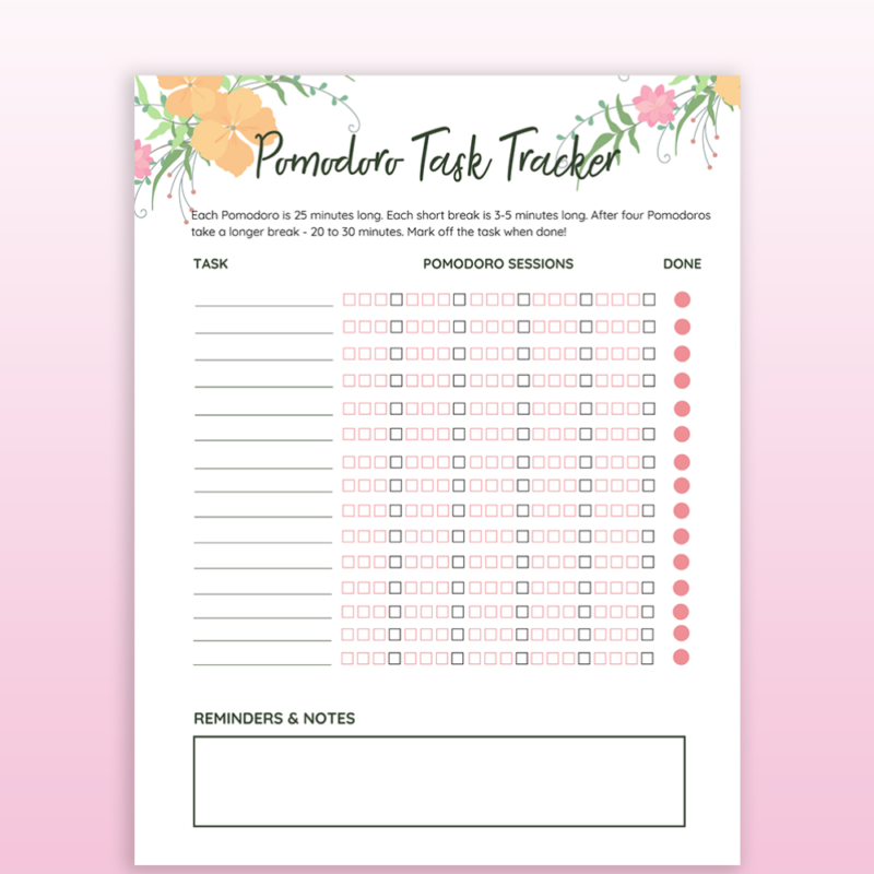 Floral Pomodoro Technique Tracker PDF