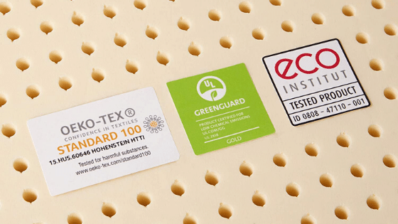 Mattress topper showing oeko-tex, greenguard, and eco institut certifications
