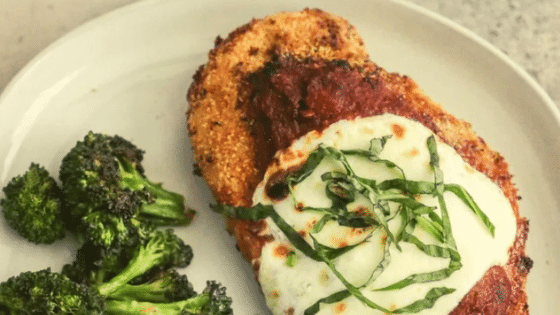 air fryer chicken parmesan gluten free on plate with broccoli