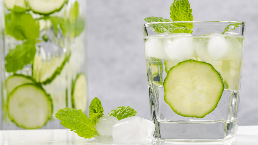 cucumber mint water in a glass with ice and cucumber slices