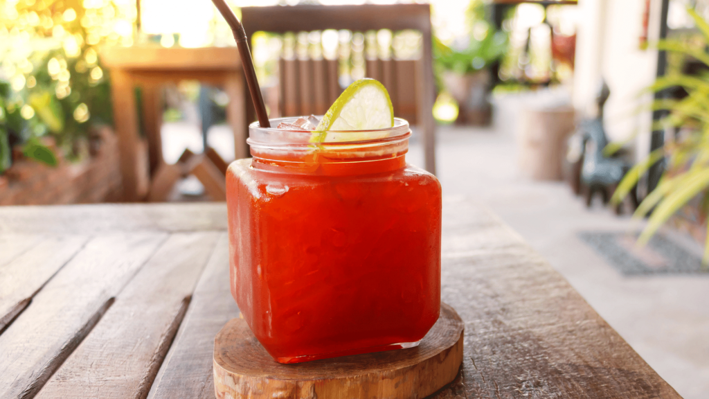 cold brew hibiscus tea served in a jar, a summer drink recipe