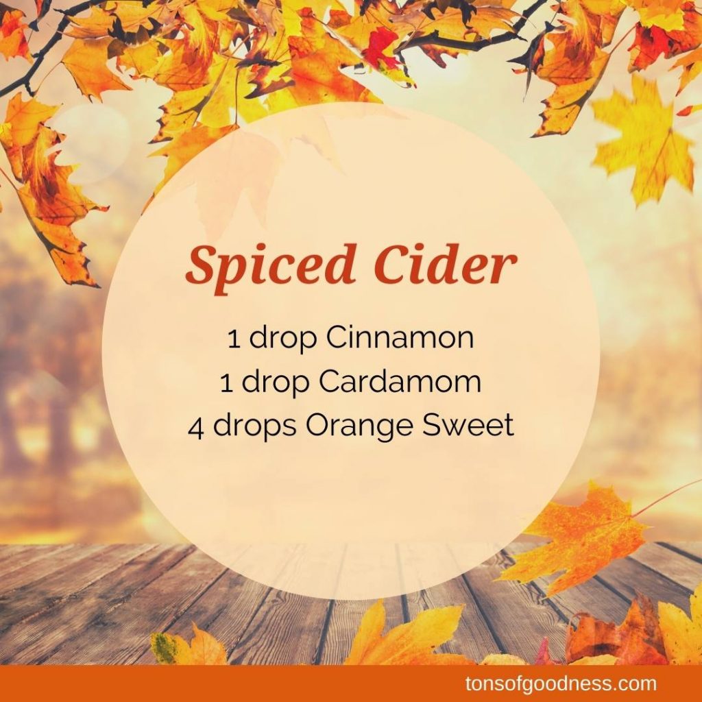 spiced cider essential oil recipe with fall leave background