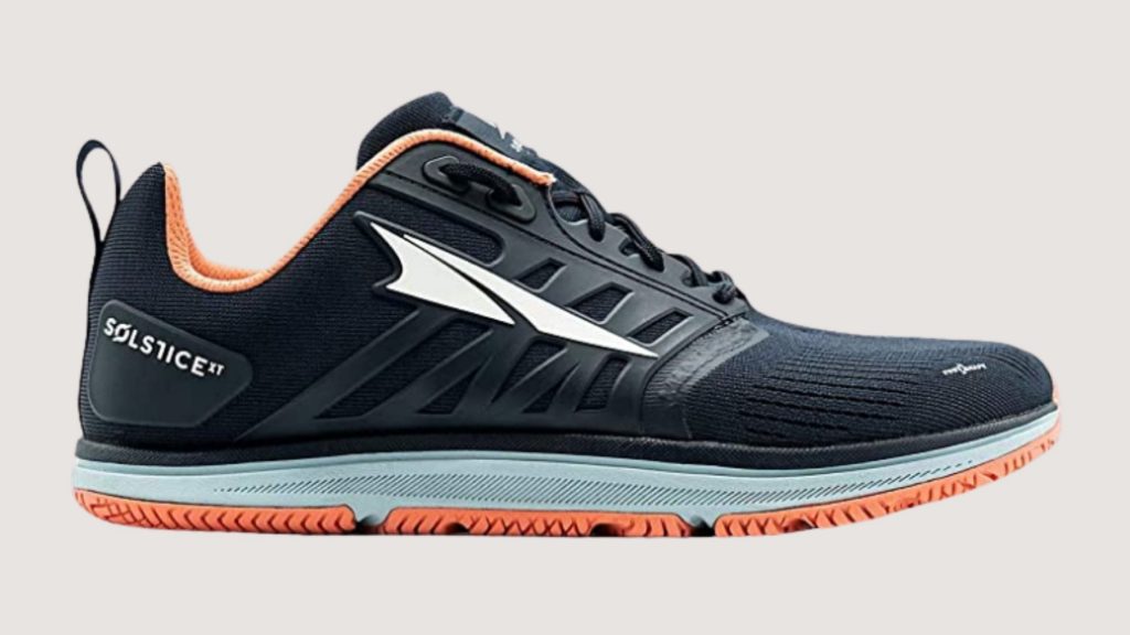 The Altra Solstice cross-trainer in black, light blue, and coral. 