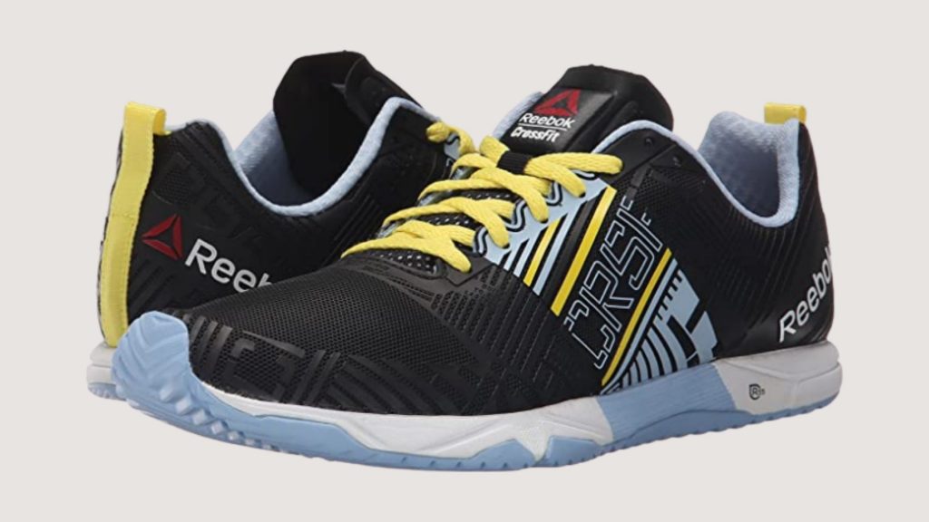 Black, blue, and yellow crossfit shoes from Reebok.